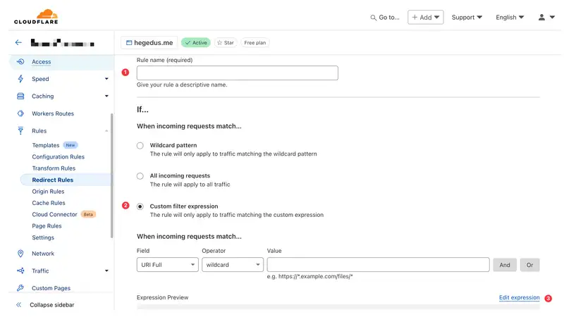 screenshot of Cloudflare admin showing the steps required to create a new redirect rule