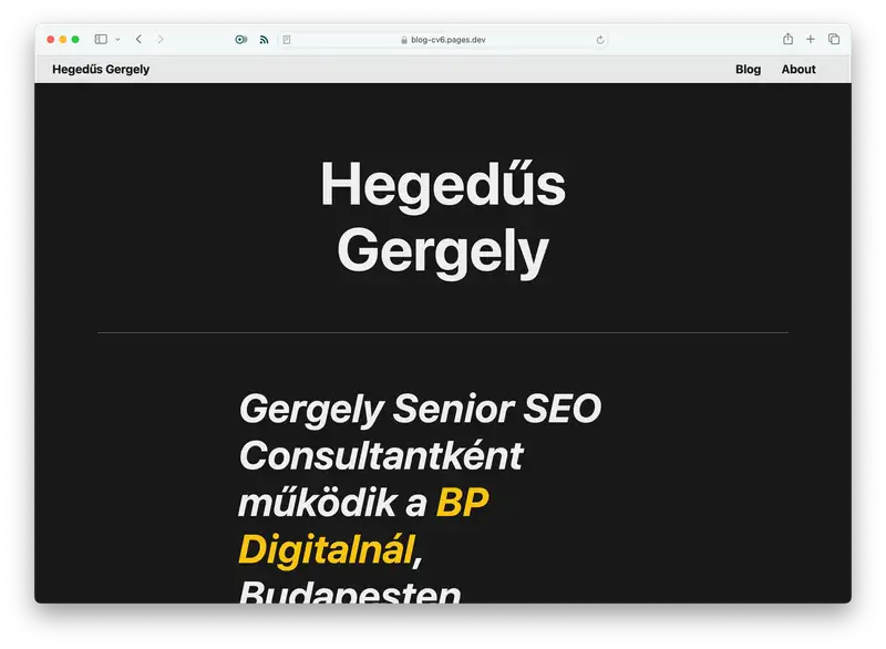 Screenshot of how the first version of hegedus.me looked like on Eleventy, built with Google's Eleventy high performance blog