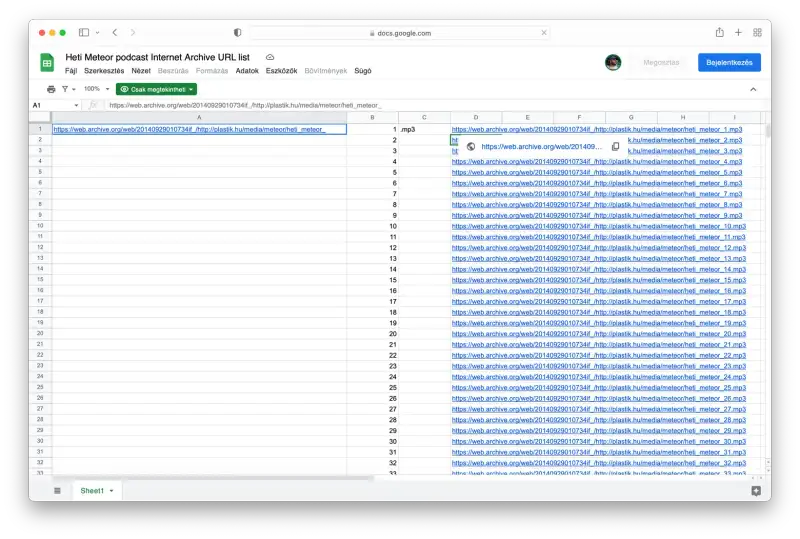 Google Sheet táblázat a Heti Meteor Internet Archive URL-jeivel